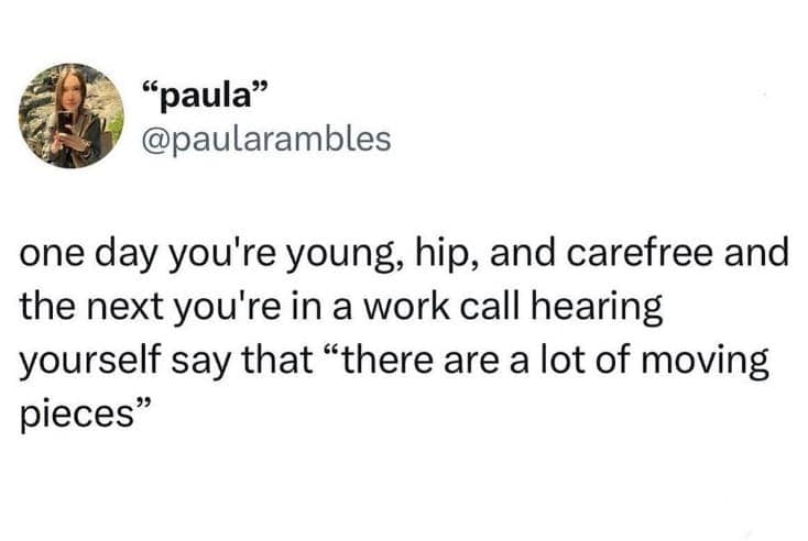 one day you're young, hip, and carefree and the next you're in a work call hearing yourself say that "there are a lot of moving pieces"