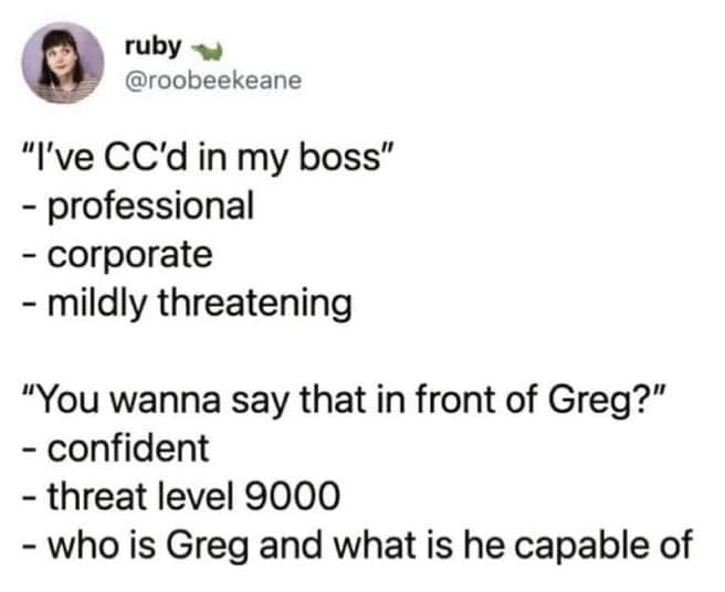 "I've CC'd in my boss" - professional - corporate - mildly threatening "You wanna say that in front of Greg?" - confident - threat level 9000 - who is Greg and what is he capable of