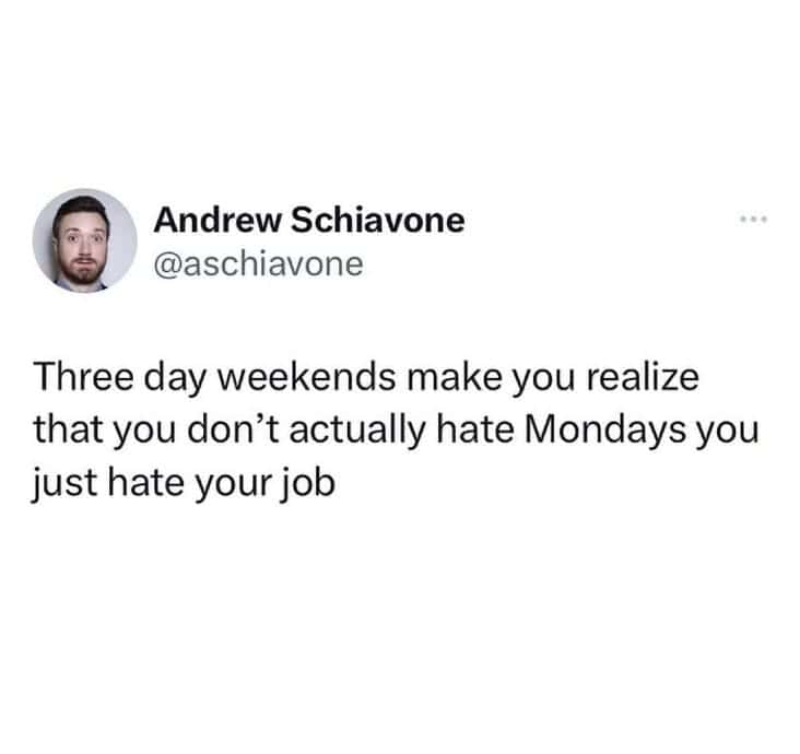Three day weekends make you realize that you don't actually hate Mondays you just hate your job