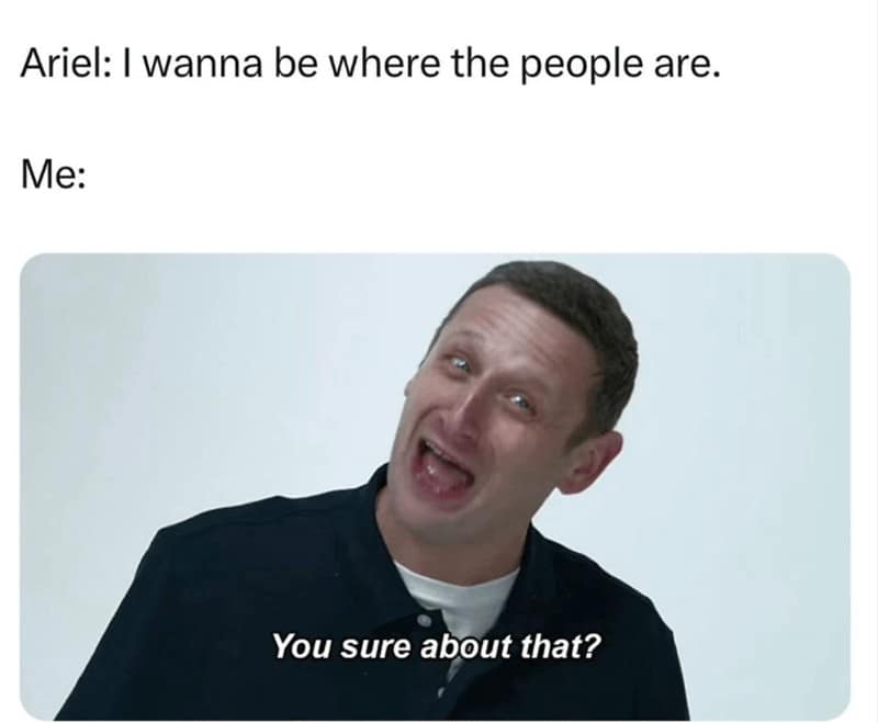 Ariel: I wanna be where the people are. Me: You sure about that?