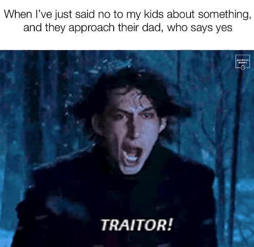When I've just said no to my kids about something, and they approach their dad, who says yes 16 TRAITOR!