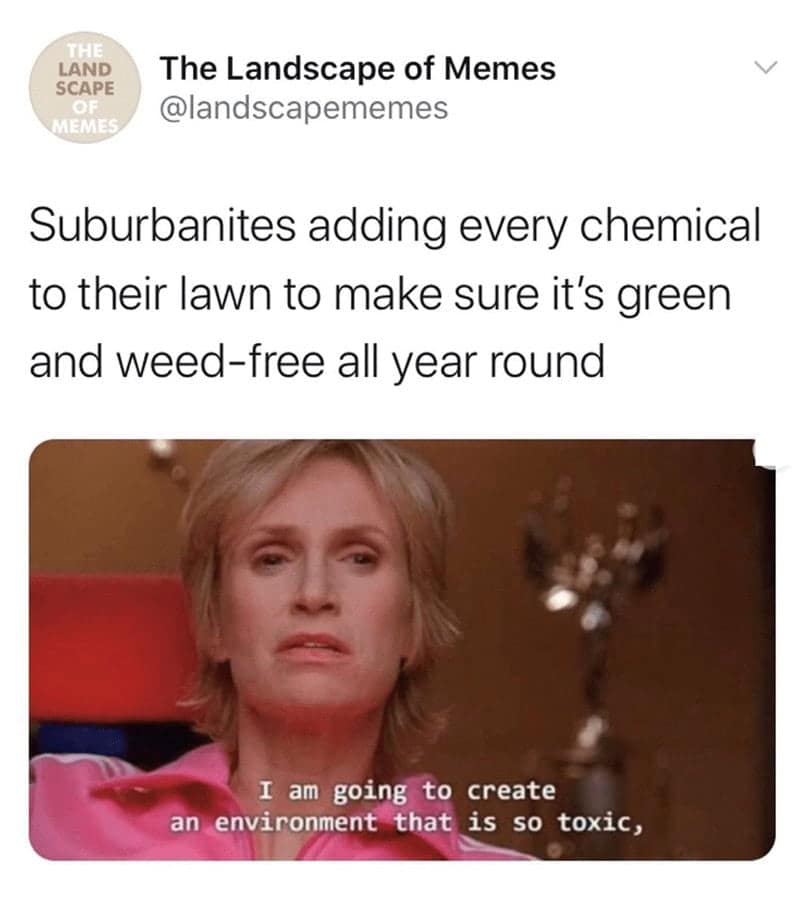 Suburbanites adding every chemical to their lawn to make sure it's green and weed-free all year round I am going to create an environment that is so toxic,