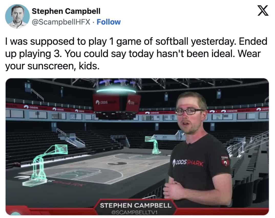 I was supposed to play 1 game of softball yesterday. Ended up playing 3. You could say today hasn't been ideal. Wear your sunscreen, kids.