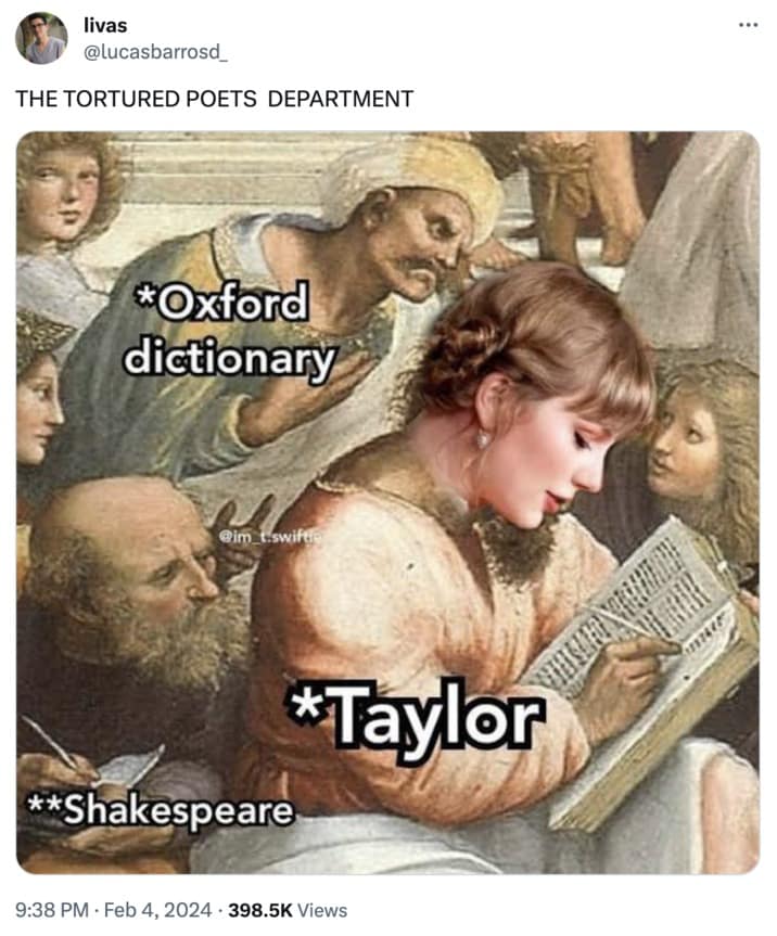 Tortured Poets Department memes, Tortured Poets Department jokes, Tortured Poets Department parodies, Tortured Poets Department reactions, Taylor Swift new album memes, Taylor Swift album release memes, Taylor Swift "Tortured Poets Department" memes, Taylor Swift fan memes Taylor Swift memes, Swiftie memes, Taylor fan jokes, Taylor Swift parodies