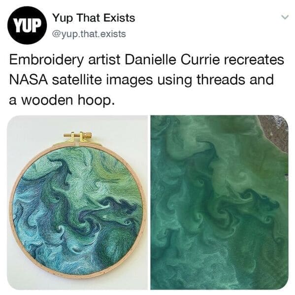 Embroidery artist Danielle Currie recreates NASA satellite images using threads and a wooden hoop.