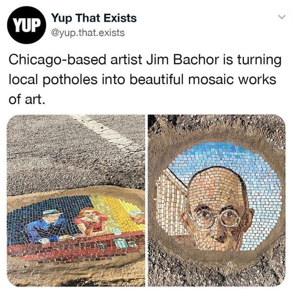 Chicago-based artist Jim Bachor is turning local potholes into beautiful mosaic works of art.