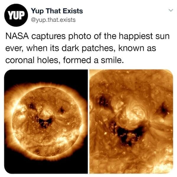 NASA captures photo of the happiest sun ever, when its dark patches, known as coronal holes, formed a smile.