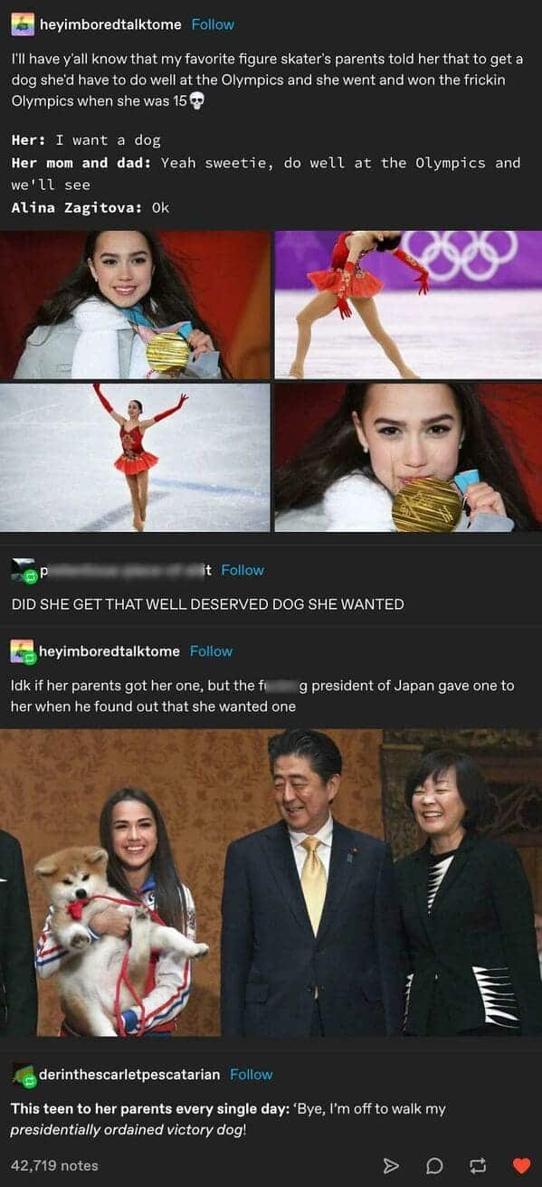 Ill have y'all know that my favorite figure skater's parents told her that to get a dog shed have to do well at the Olympics and she went and won the frickin Olympics when she was 15