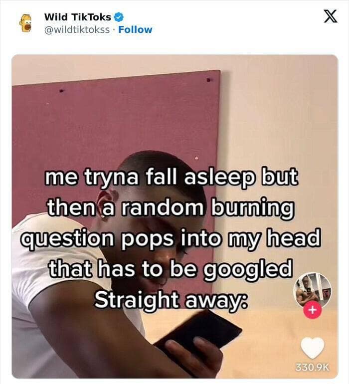 cringe TikTok. me tryna fall asleep but then a random burning question pops into my head that has to be googled Straight away: