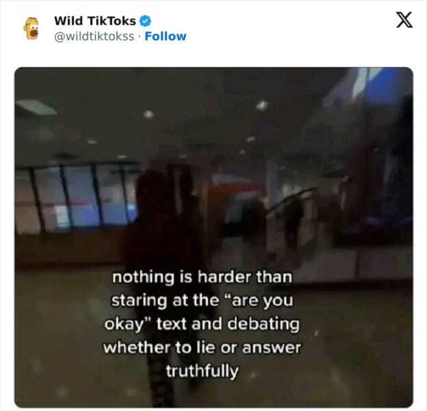 cringe TikTok. nothing is harder than staring at the "are you okay" text and debating whether to lie or answer truthfully