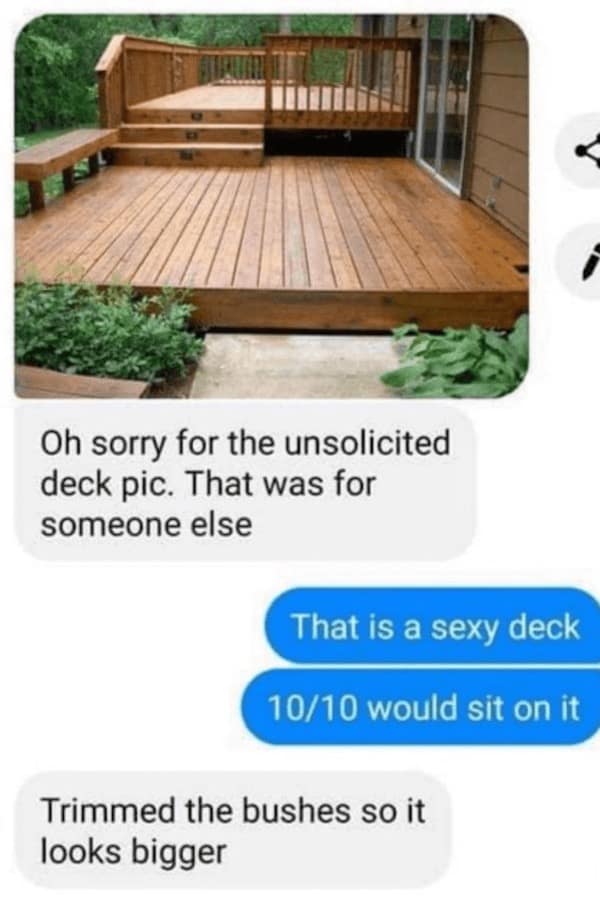 dad memes. Oh sorry for the unsolicited deck pic. That was for someone else That is a sexy deck 10/10 would sit on it Trimmed the bushes so it looks bigger