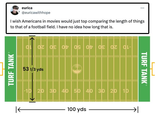 I wish Americans in movies would just top comparing the length of things to that of a football field. I have no idea how long that is.