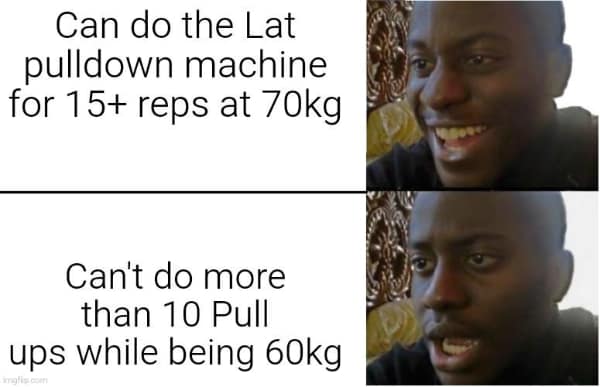 exercise memes. Can do the Lat pulldown machine for 15+ reps at 70kg Can't do more than 10 Pull ups while being 60kg