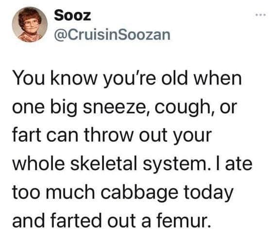 fart memes. You know you're old when one big sneeze, cough, or fart can throw out your whole skeletal system. I ate too much cabbage today and farted out a femur.