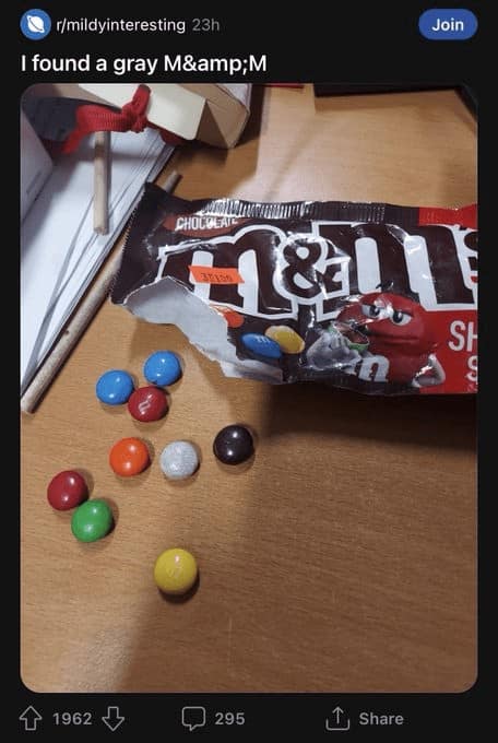 funniest reddit posts. I found a gray M&M