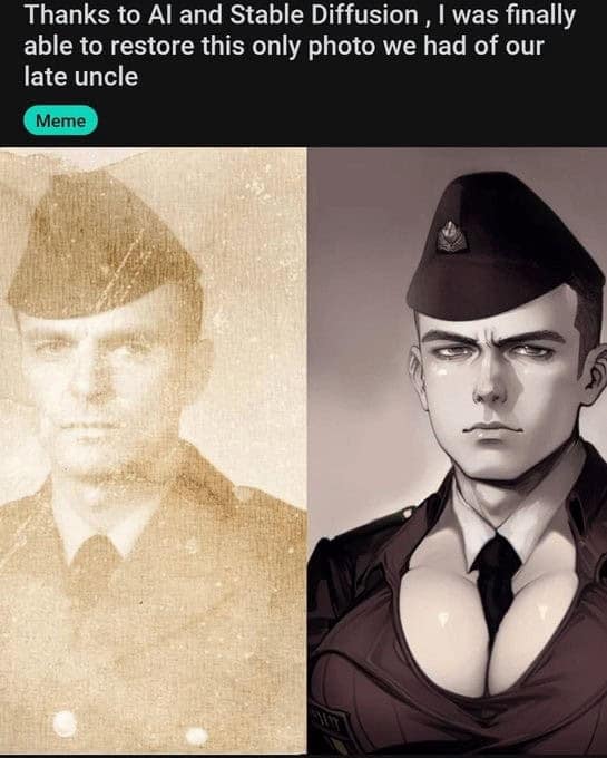 funniest reddit posts. Thanks to Al and Stable Diffusion, I was finally able to restore this only photo we had of our late uncle