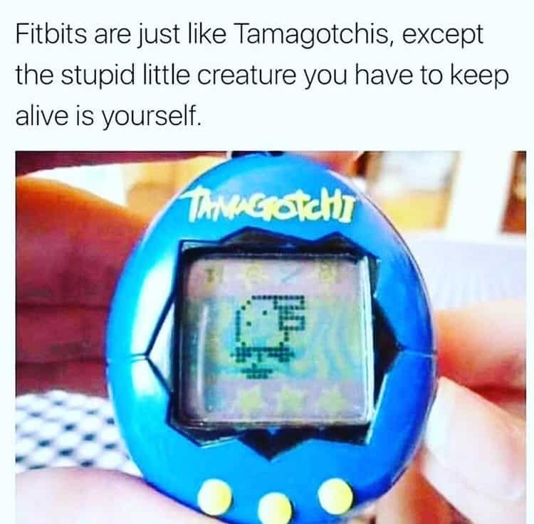 funny dumb memes. Fitbits are just like Tamagotchis, except the stupid little creature you have to keep alive is yourself.