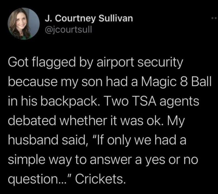 funny dumb memes. Got flagged by airport security because my son had a Magic 8 Ball in his backpack. Two TSA agents debated whether it was ok. My husband said, "If only we had a simple way to answer a yes or no question..." Crickets.