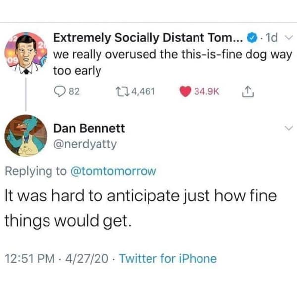 funny memes. we really overused the this-is-fine dog way too early