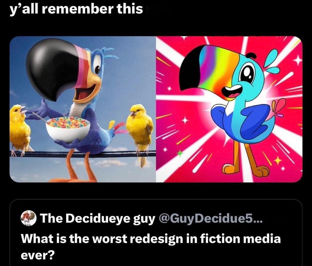 funny memes. y'all remember this The Decidueye guy @GuyDecidue5... What is the worst redesign in fiction media ever?