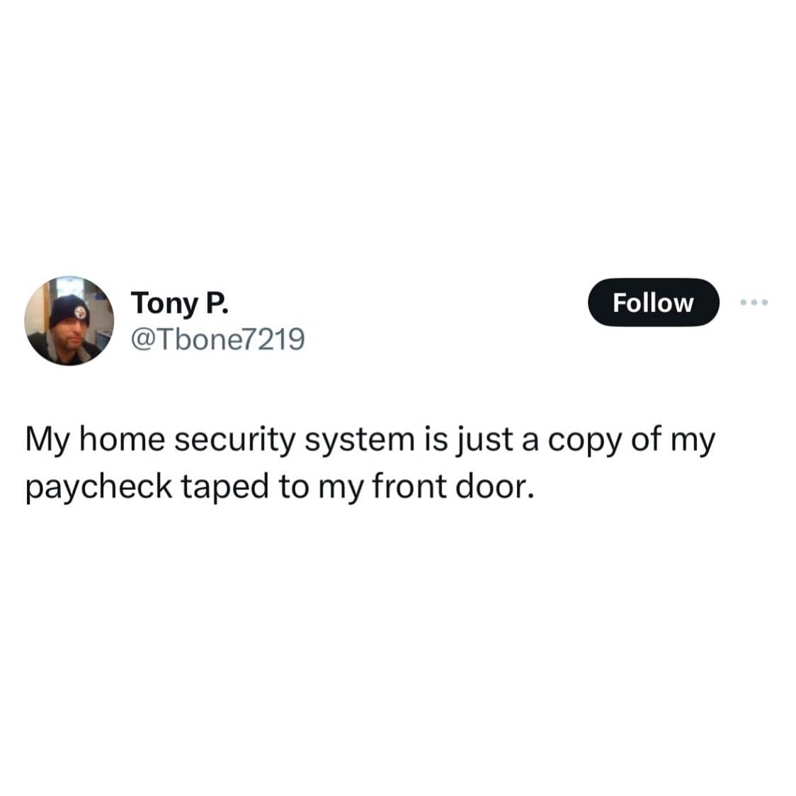 funny memes. My home security system is just a copy of my paycheck taped to my front door.