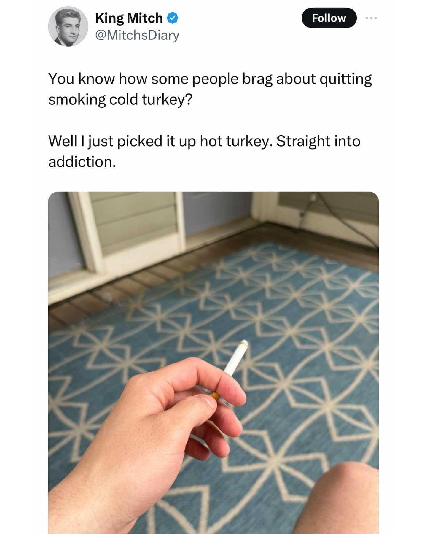 funny memes. You know how some people brag about quitting smoking cold turkey? Well I just picked it up hot turkey. Straight into addiction.