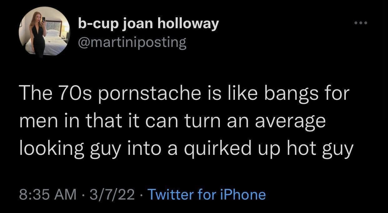 funny memes. The 70s pornstache is like bangs for men in that it can turn an average looking guy into a quirked up hot guy