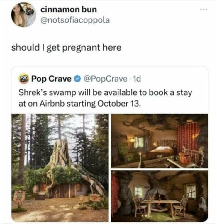 funny memes. should I get pregnant here. Shrek's swamp will be available to book a stay at on Airbnb starting October 13.