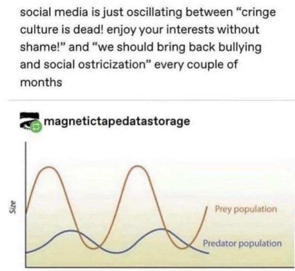 funny memes. social media is just oscillating between "cringe culture is dead! enjoy your interests without shame!" and "we should bring back bullying and social ostricization" every couple of months