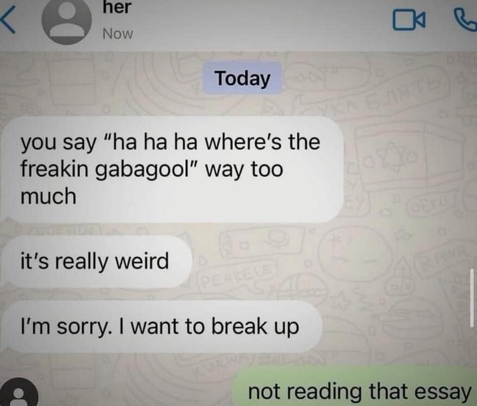 you say "ha ha ha where's the freakin gabagool" way too much it's really weird I'm sorry. I want to break up not reading that essay