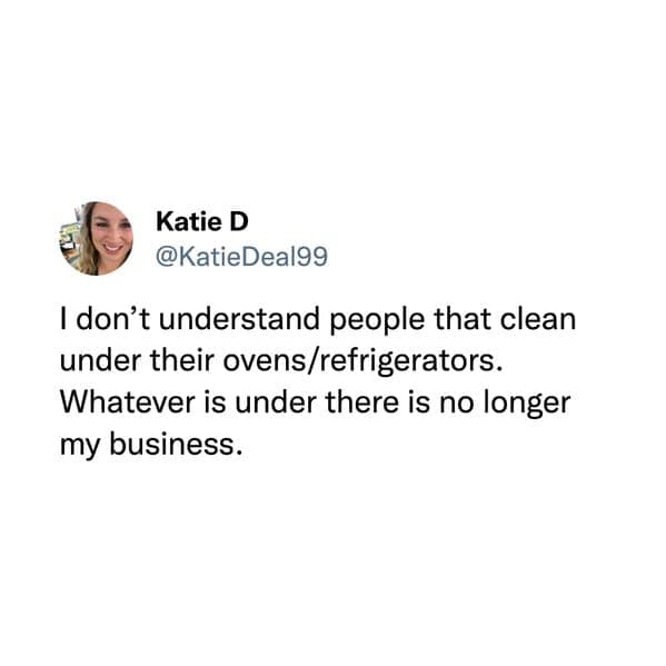 funny memes. I don't understand people that clean under their ovens/refrigerators. Whatever is under there is no longer my business.