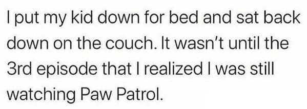 funny mom memes. I put my kid down for bed and sat back down on the couch. It wasn't until the 3rd episode that I realized I was still watching Paw Patrol.