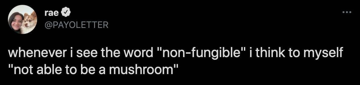 funny observations. whenever i see the word "non-fungible" i think to myself "not able to be a mushroom"