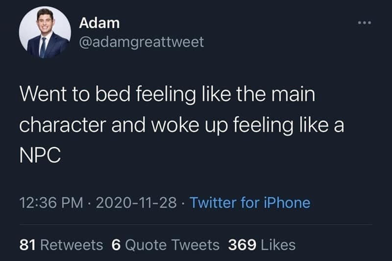 funny observations. Went to bed feeling like the main character and woke up feeling like a NPC