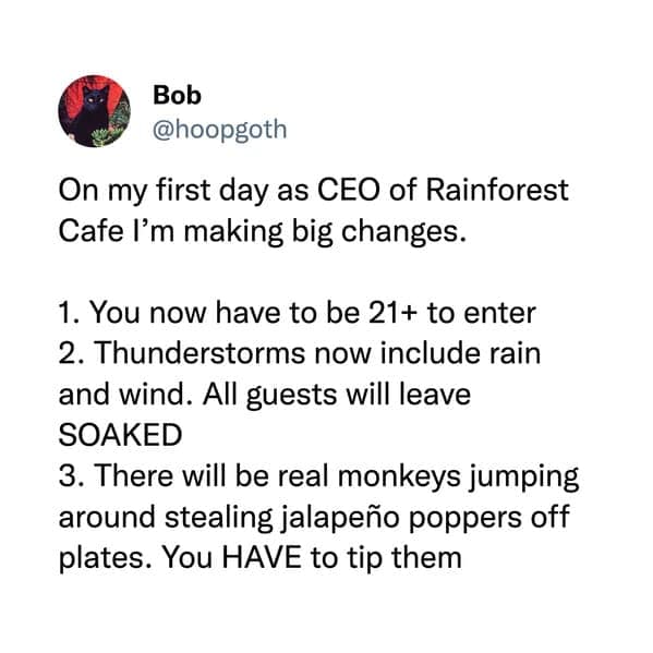 funny pic. On my first day as CEO of Rainforest Cafe I'm making big changes. 1. You now have to be 21+ to enter 2. Thunderstorms now include rain and wind. All guests will leave SOAKED