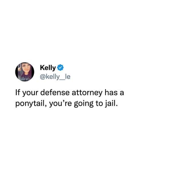 funny pic. If your defense attorney has a ponytail, you're going to jail.