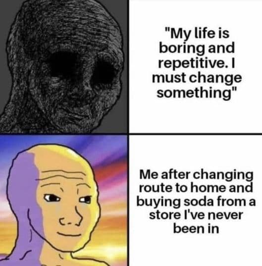 funny pic "My life is boring and repetitive. I must change something" Me after changing route to home and buying soda from a store I've never been in
