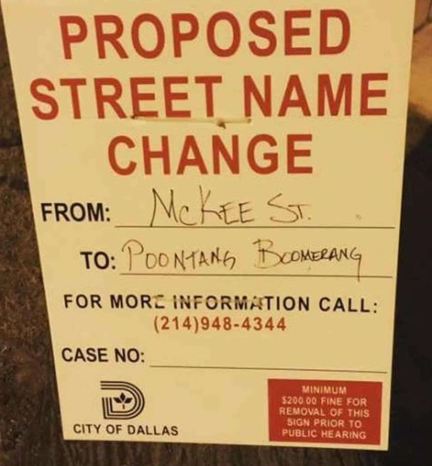 PROPOSED STREET NAME CHANGE FROM: McKEE ST. TO: POONTANG BCOMERANG