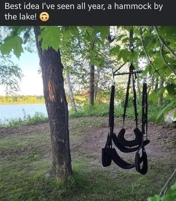 Best idea I've seen all year, a hammock by the lake!