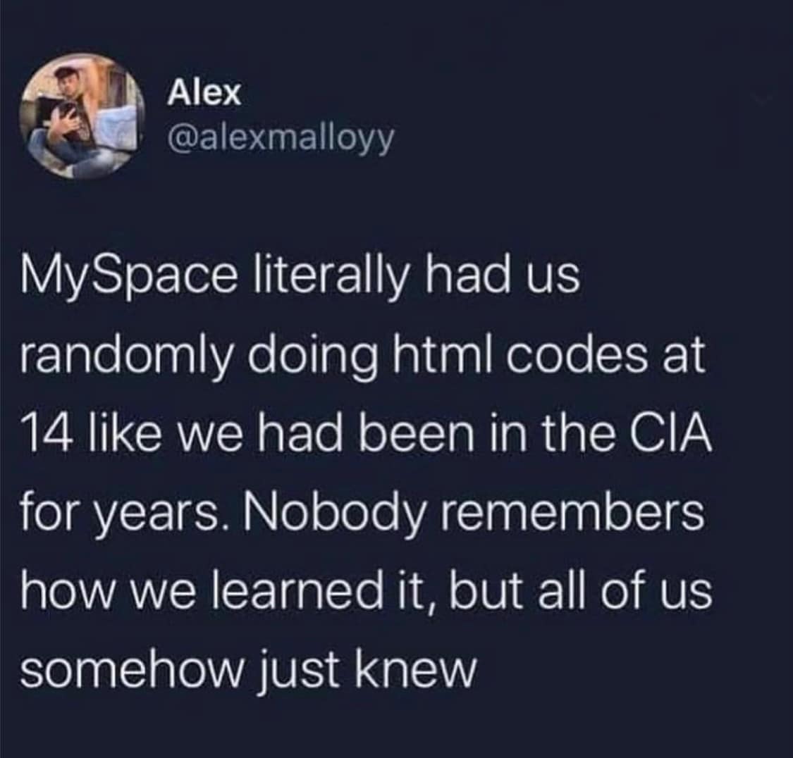 funny pics. MySpace literally had us randomly doing html codes at 14 like we had been in the CIA for years. Nobody remembers how we learned it, but all of us somehow just knew