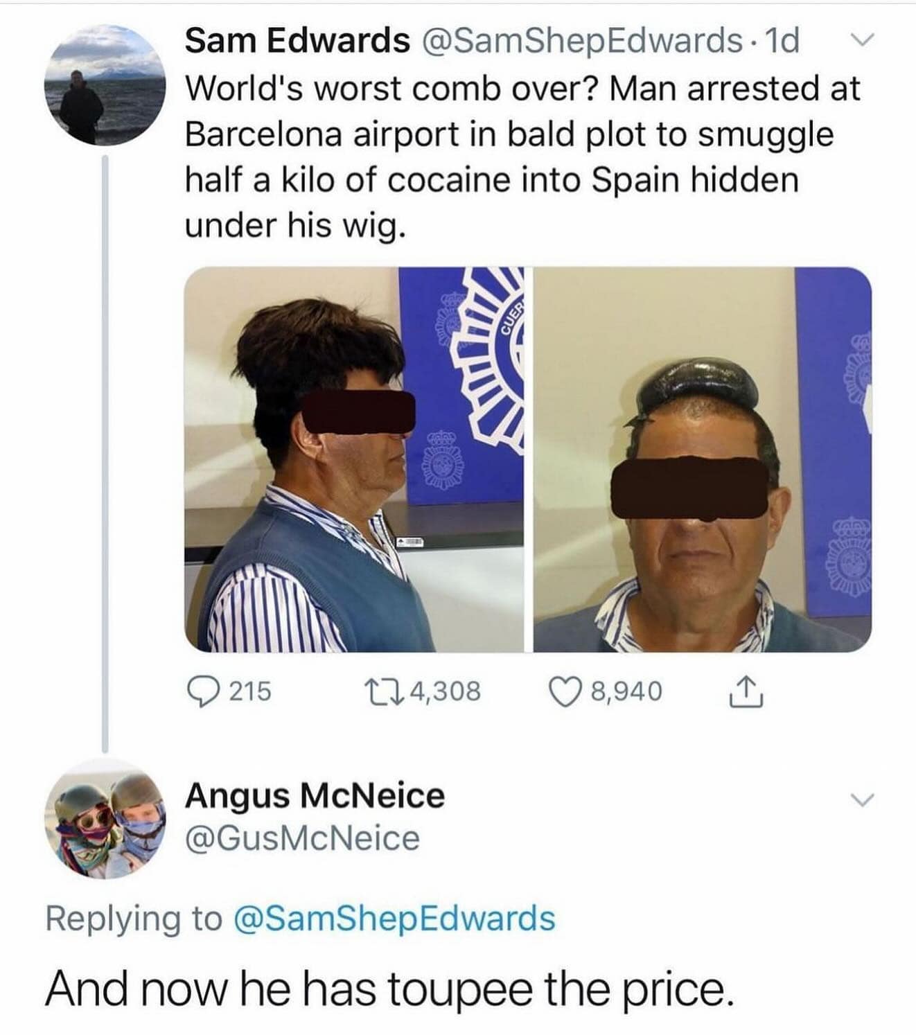 funny pics. World's worst comb over? Man arrested at Barcelona airport in bald plot to smuggle half a kilo of cocaine into Spain hidden under his wig.