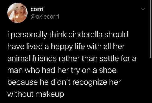 funny pic i personally think cinderella should have lived a happy life with all her animal friends rather than settle for a man who had her try on a shoe because he didn't recognize her without makeup