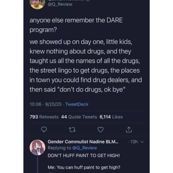 anyone else remember the DARE program? we showed up on day one, little kids, knew nothing about drugs, and they taught us all the names of all the drugs, the street lingo to get drugs, the places in town you could find drug dealers, and then said "don't do drugs, ok bye"