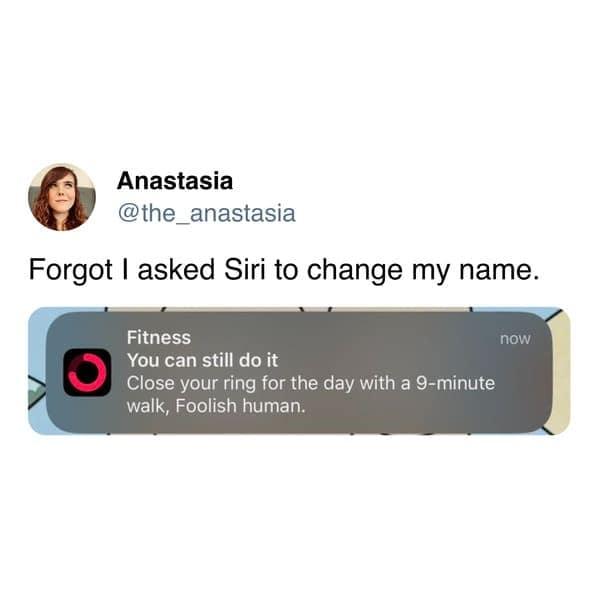 funny pic Forgot I asked Siri to change my name. Fitness You can still do it Close your ring for the day with a 9-minute walk, Foolish human.