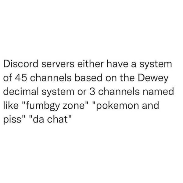 Discord servers either have a system of 45 channels based on the Dewey decimal system or 3 channels named like "fumbgy zone" "pokemon and piss" "da chat"