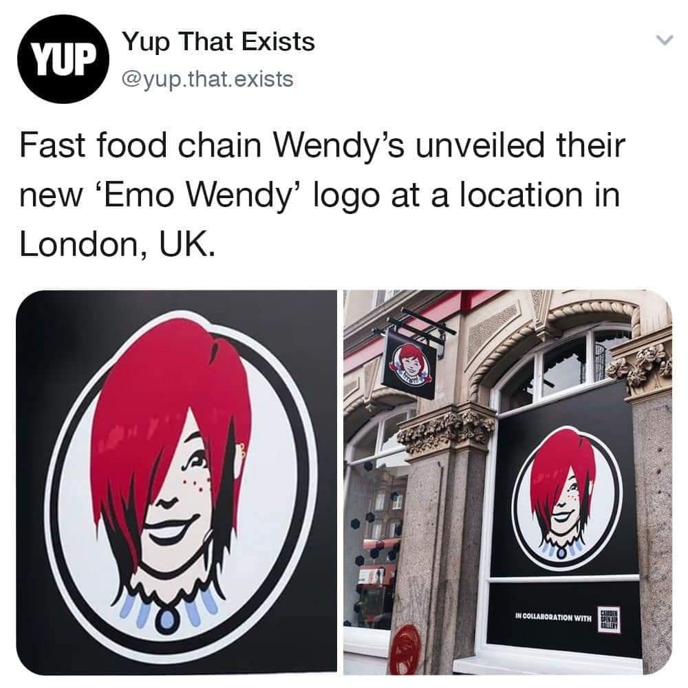 funny pics. Fast food chain Wendy's unveiled their new 'Emo Wendy' logo at a location in London, UK.