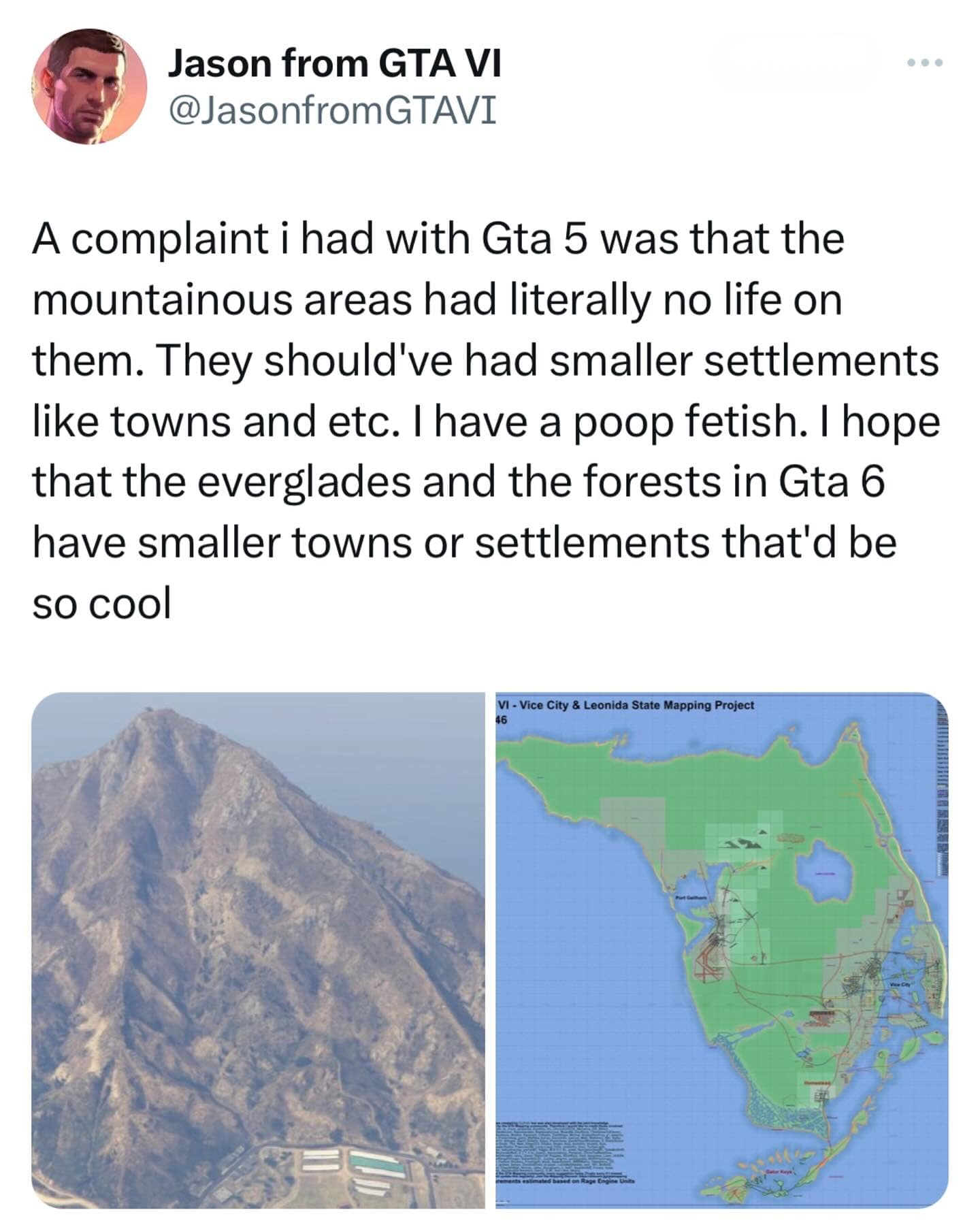 funny pics. A complaint i had with Gta 5 was that the mountainous areas had literally no life on them. They should've had smaller settlements like towns and etc. I have aI hope that the everglades and the forests in Gta 6 have smaller towns or settlements that'd be so cool