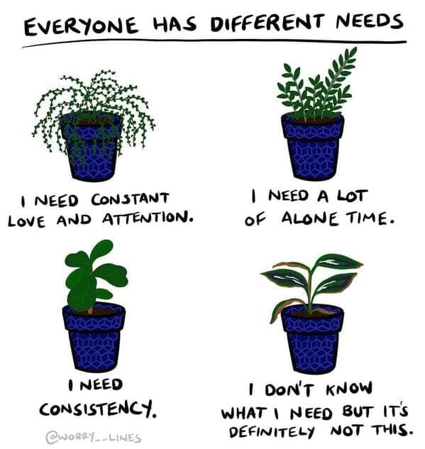 gardening memes. EVERYONE HAS DIFFERENT NEEDS I NEED CONSTANT LOVE AND ATTENTION. I NEED A LOT OF ALONE TIME. I NEED CONSISTENCY. @WORRY_-LINES I DON'T KNOW WHAT I NEED BUT IT'S DEFINITELY NOT THIS.