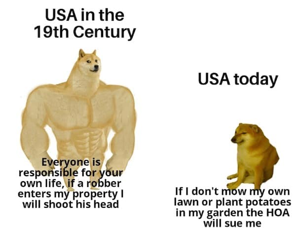 hoa memes. USA in the 19th Century Everyone is responsible for your own life, if a robber enters my property l will shoot his head USA today If I don't mow my own lawn or plant potatoes in my garden the HOA will sue me