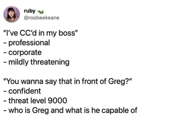 marketing memes. "I've CC'd in my boss" - professional - corporate - mildly threatening "You wanna say that in front of Greg?" - confident - threat level 9000 - who is Greg and what is he capable of